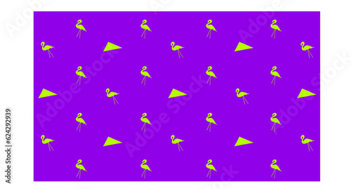 Colorful design, with fun, trendy objects. Green Flamingo and triangles in vibrant colors. 