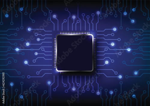 Vector futuristic microchip CPU circuit board blue light. Technology abstract background.