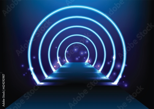 Glowing neon blue circle with sparkles . Abstract round electric light frame.