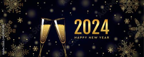 happy new year 2024 greeting card champagne and snowflake vector illustration EPS10
