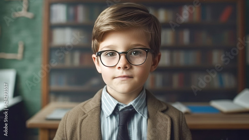 Portrait of a schoolboy in glasses in a classroom. Beginning of the school year. generative AI photo
