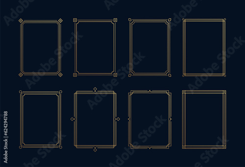 Decorative art deco frames in gold color. Line art decorative borders. Vintage frames for wedding, decoration, antique design, borders and deco divider. Vector illustration