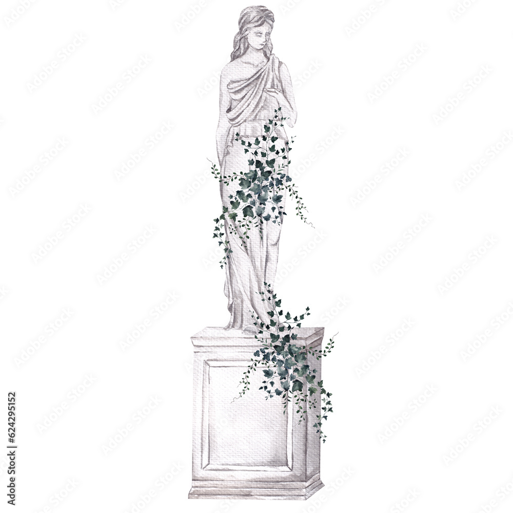 Watercolor illustration of wild antique garden, statue, vase, floral and green leaves, isolated on white background