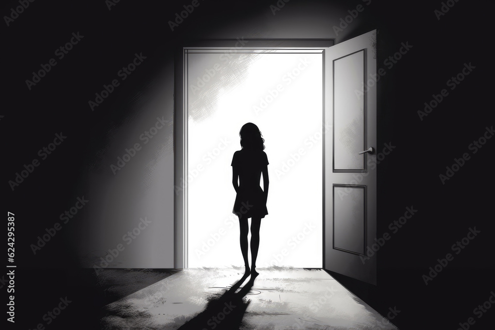 lonely girl stands in front of an open door on a gray wall illustration Generative AI