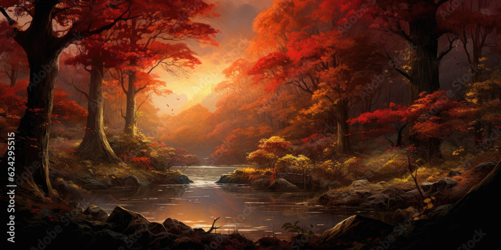 Autumn forest landscape view. Generative AI Autumn forest landscape view. Generative AI
