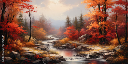 Autumn forest landscape view. Generative AI © Farnaces