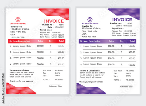 Business Minimal Corporate Invoice design template vector illustration bill form price . Creative template and stationery design payment agreement design template Cash Memo, Vector Quotation Design © Amila Vector