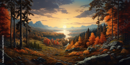 Autumn forest landscape view. Generative AI © Farnaces