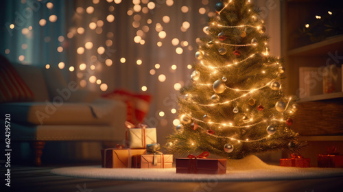Merry Christmas with beautiful winter tree and light in the cozy room background. Generative AI