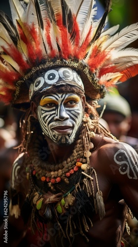 Photo of a man with a vibrant painted face and elaborate headdress .generative ai