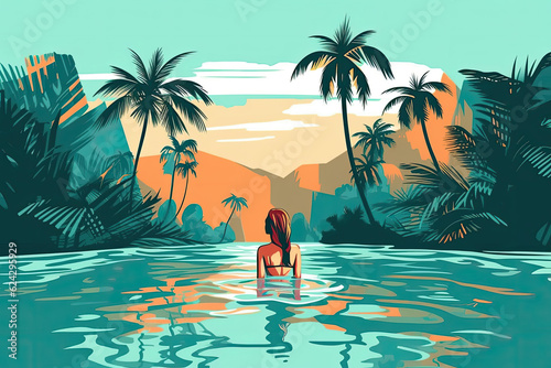 girl swim in a pool summer vacation illustration Generative AI