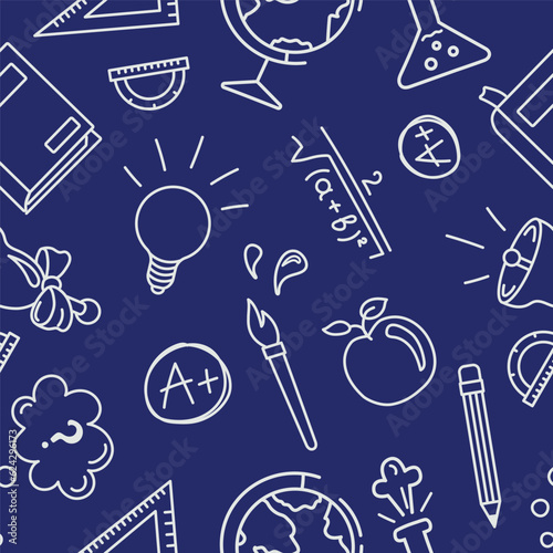 Seamless pattern with school supplies, vector drawings, background pattern for web and prints, decorations, graphic designs.