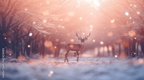 Merry Christmas background with snow light and beautiful deer in the winter forest. Generative AI