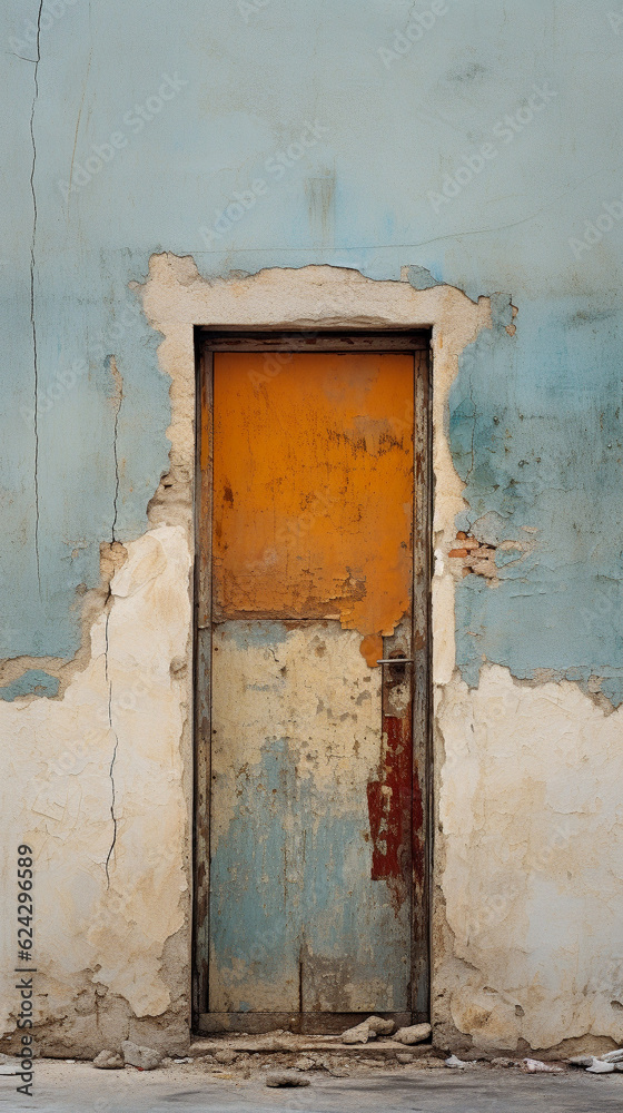 Old door and facade with paint scratched off