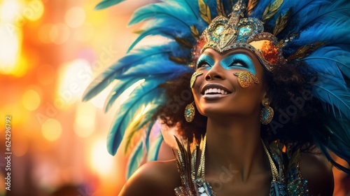 Photo of a woman in a vibrant blue and gold costume celebrating carnival in rio de janeiro.generative ai