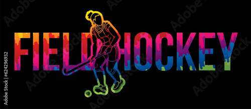 Field Hockey Text Designed with Female Player Cartoon Sport Graphic Vector
