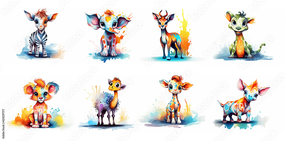African savannah cartoon animals set.  Post processed AI generated image.