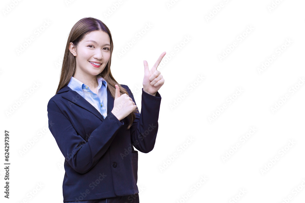 Professional Asian working woman who has long hair wears black formal suit with blue shirt while she shows point up to present something on white background. Professional Asian working woman who has long hair wears black formal suit with blue shirt while she shows point up to present something on white background.