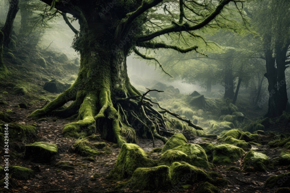 Dark moody forest with shafts of sunlight, hitting the moss covered rocks and trees Dark moody forest with shafts of sunlight, hitting the moss covered rocks and trees