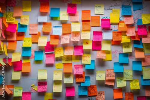 colorful post its on a wall with some scribbles. 