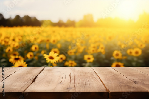Empty old wooden table with field of sunflowers boke for displaying products. Generative AI
