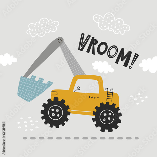 cute excavator car and vroom text