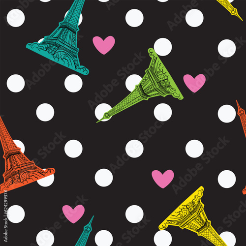 Fashion seamless pattern. Bonjour Paris. pattern with sketch Eiffel Tower and heart and dots. for fashion clothes, t shirt, child, wrapping paper. Creative girlish design