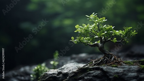 Photo of a tree growing out of a rock in a beautiful natural landscape .generative ai
