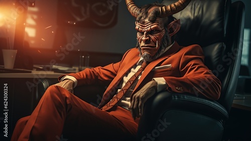 a devil-faced man with horns sits on an office chair