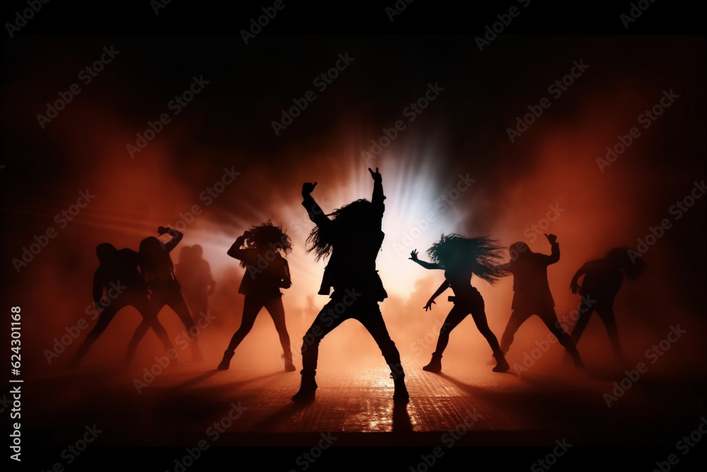 Silhouette of a young group of dancers performing on stage. Silhouette of a young group of dancers performing on stage.