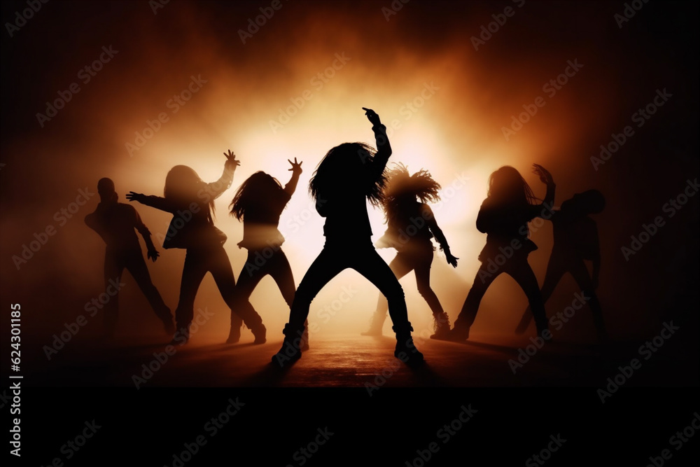 Silhouette of a young group of dancers performing on stage. 