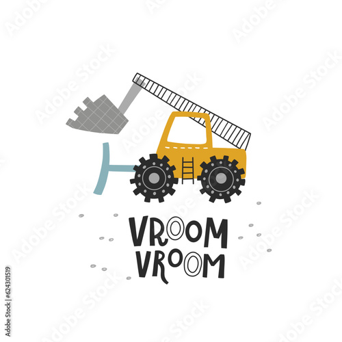 vector cute excavator and vroom text