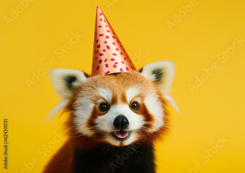 Portrait of a cute red panda in a birthday festive party hat on a bright yellow background