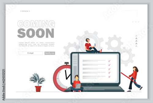 Banner with tiny people standing near laptop, to do list concept, time management concept, plan fulfilled, task completed, timetable, check list planning, schedule concept, flat vector illustration