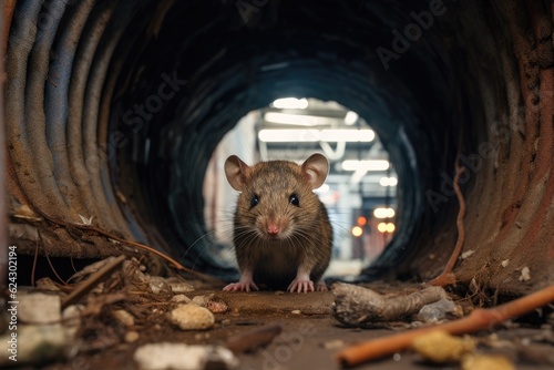 Urban brown rat surrounded by city buildings