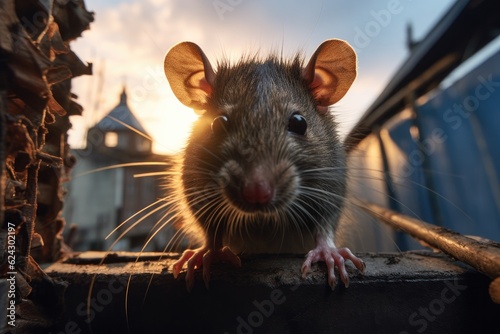 Urban brown rat surrounded by city buildings