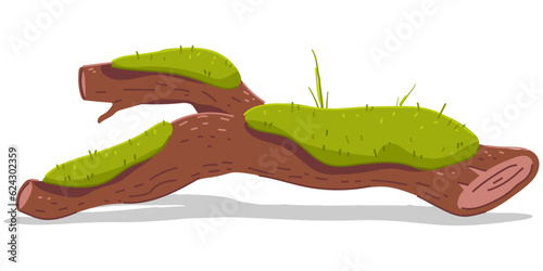 Wood log with moss and grass vector cartoon illustration isolated on a white background.