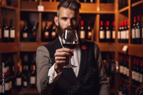 A glass of wine in the hand of a sommelier. Generative AI