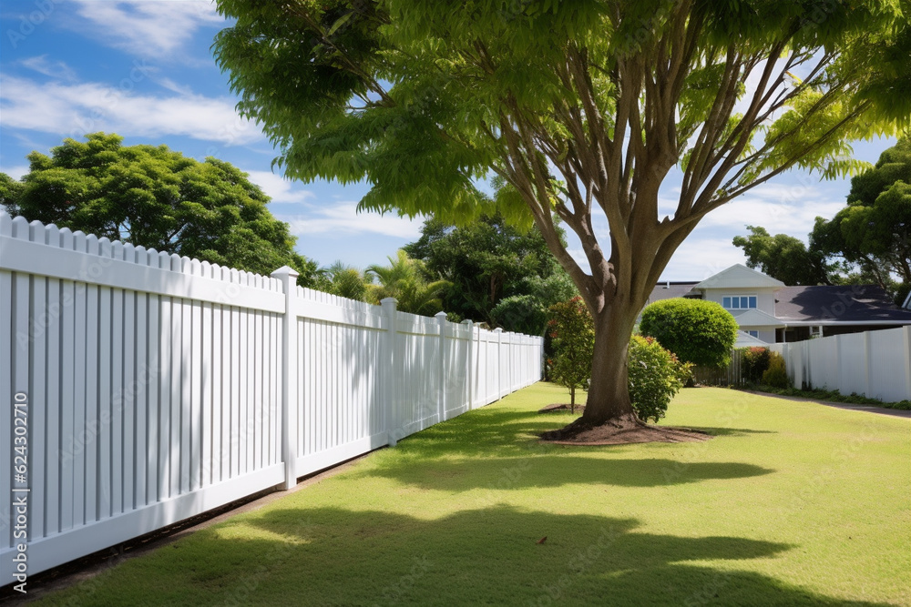 White wooden fence in the backyard and lawn. Generative AI White wooden fence in the backyard and lawn. Generative AI