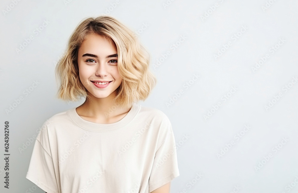 Fototapeta premium Cheerful female youngster with blonde hair, dressed casually.