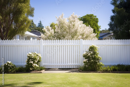 Fotografija White wooden fence in the backyard and lawn. Generative AI