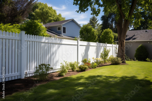 White wooden fence in the backyard and lawn. 