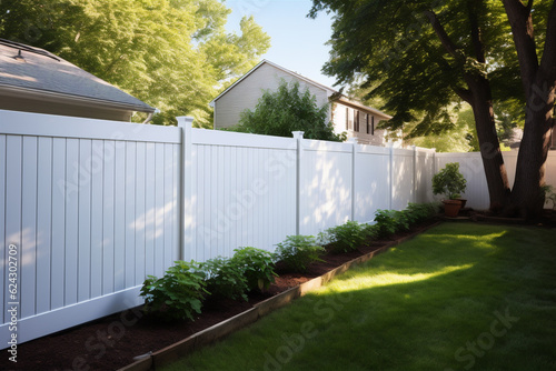 White wooden fence in the backyard and lawn. Generative AI