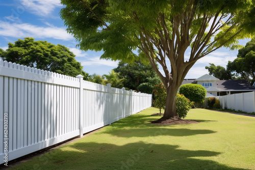 Wallpaper Mural White wooden fence in the backyard and lawn. Generative AI Torontodigital.ca