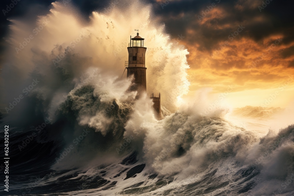 Huge waves engulfing Lighthouse during Autumn storm 