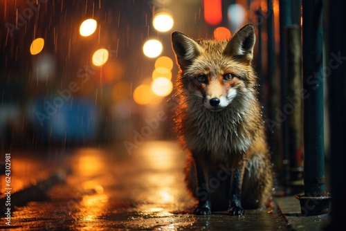 Curious urban fox in a bustling rainy town centre surrounded street lights and reflections.