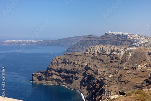 Magnificent view of the majestic volcanic cliffs of Santorini Island, Greece.