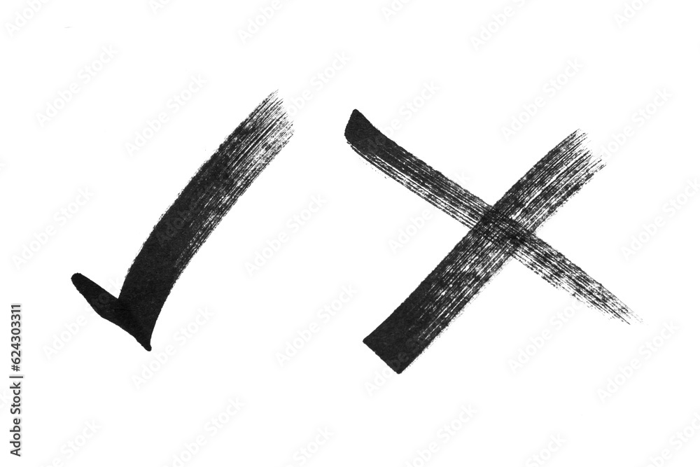 Check mark and wrong mark of handmade brush stroke isolated on white background. Check mark and wrong mark of handmade brush stroke isolated on white background.