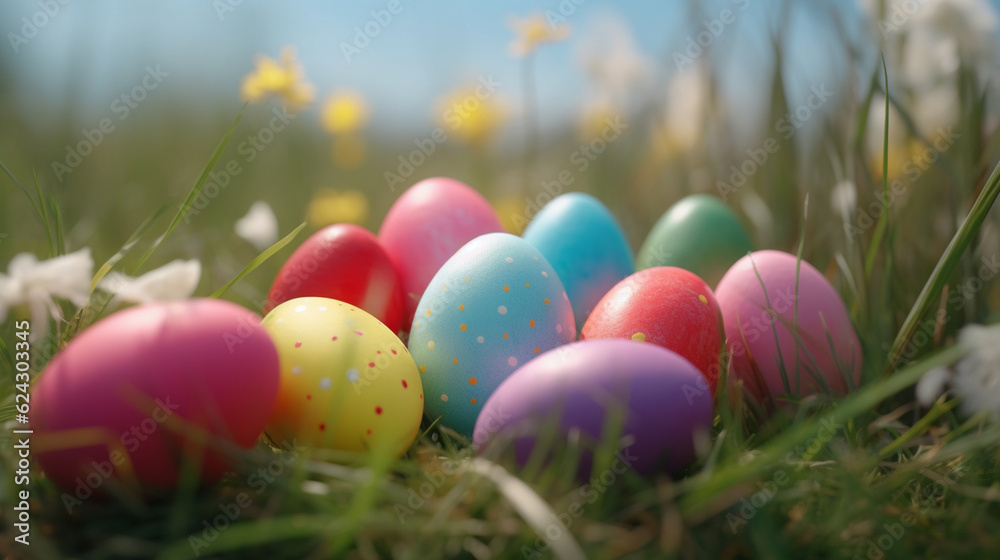Multicolored Easter eggs lined up in a row on the background of grass. Generative AI