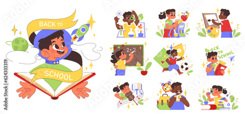 Back to school set. Children doing school subject research. Happy